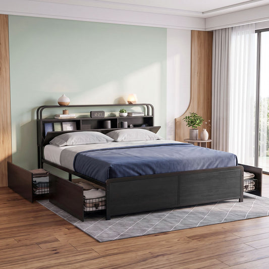 Leone Metal Bed Frame 4 Drawers Hidden Storage Headboard - Black King
