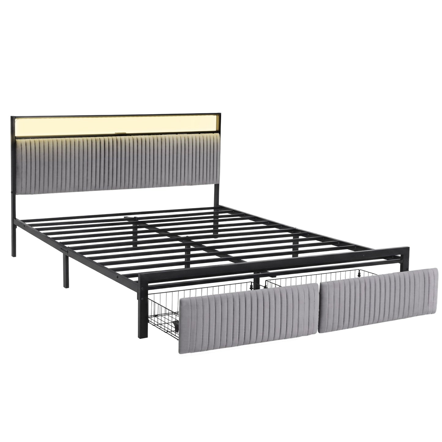 Helena Metal Bed Frame LED Charging Station 2 Drawers - Black King