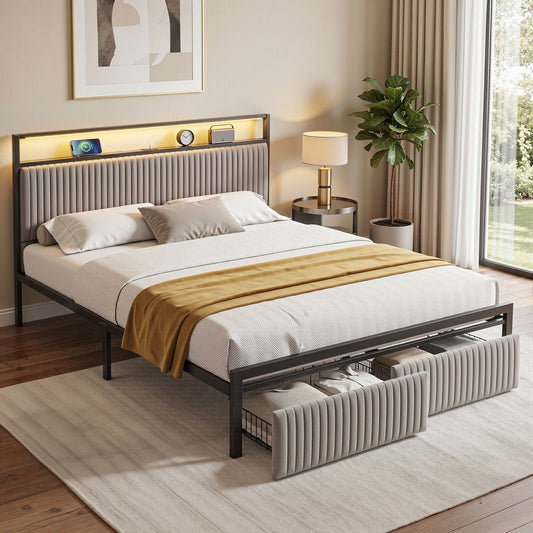 Helena Metal Bed Frame LED Charging Station 2 Drawers - Black Queen