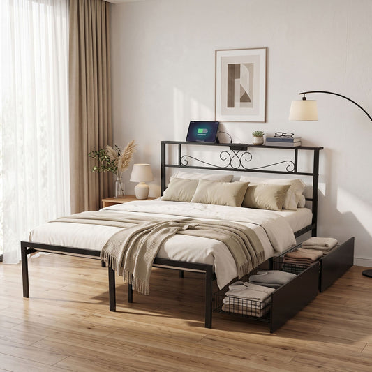 Vitoo Bed Frame with Charging Station & Storage Drawers Metal - Black Queen