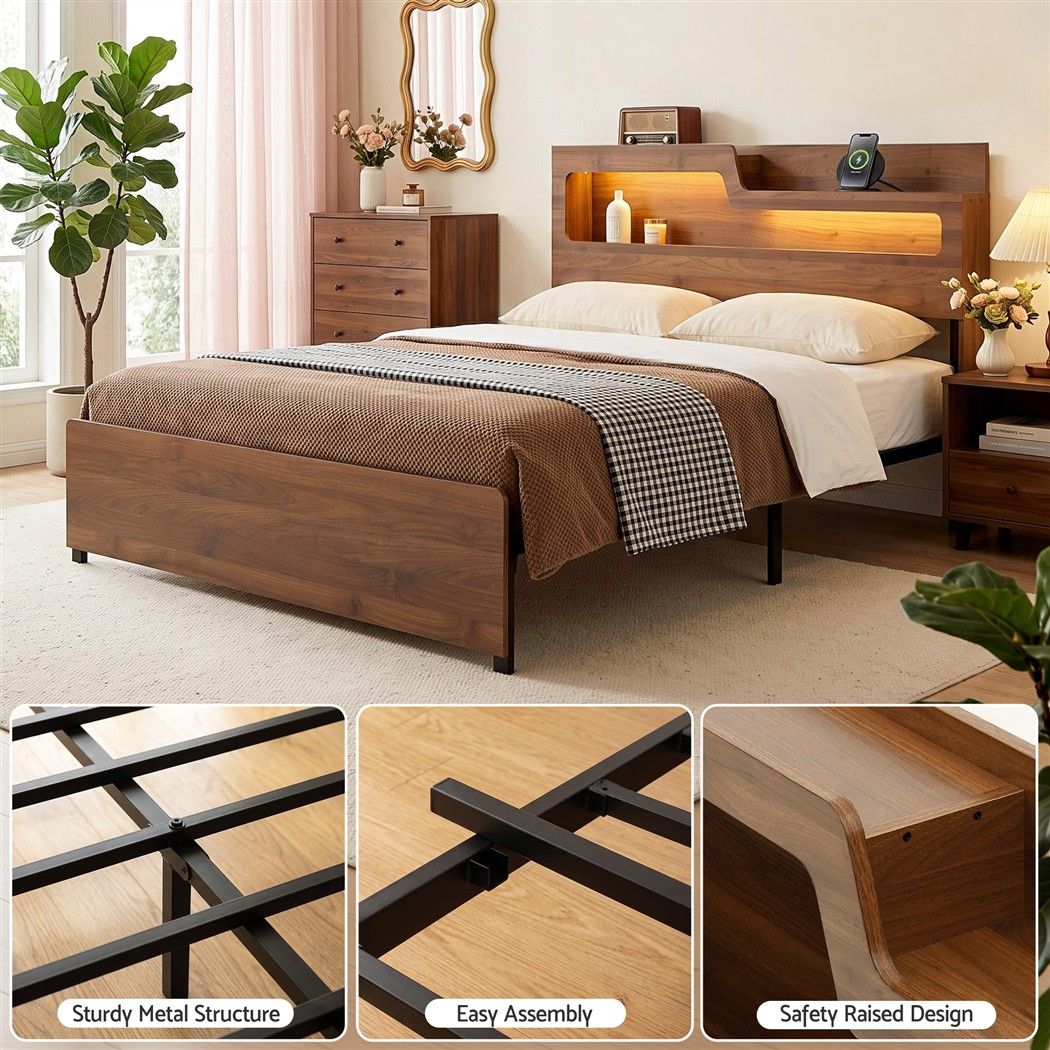 Ayla Bed Frame Metal with Charging Station LED Light Storage Shelf - Oak Double