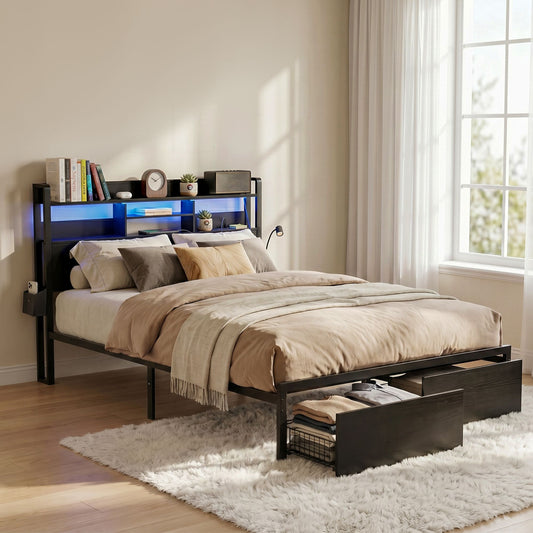 Vale Bed Frame with Charging Station Storage Organizer Drawers LED - Black Queen