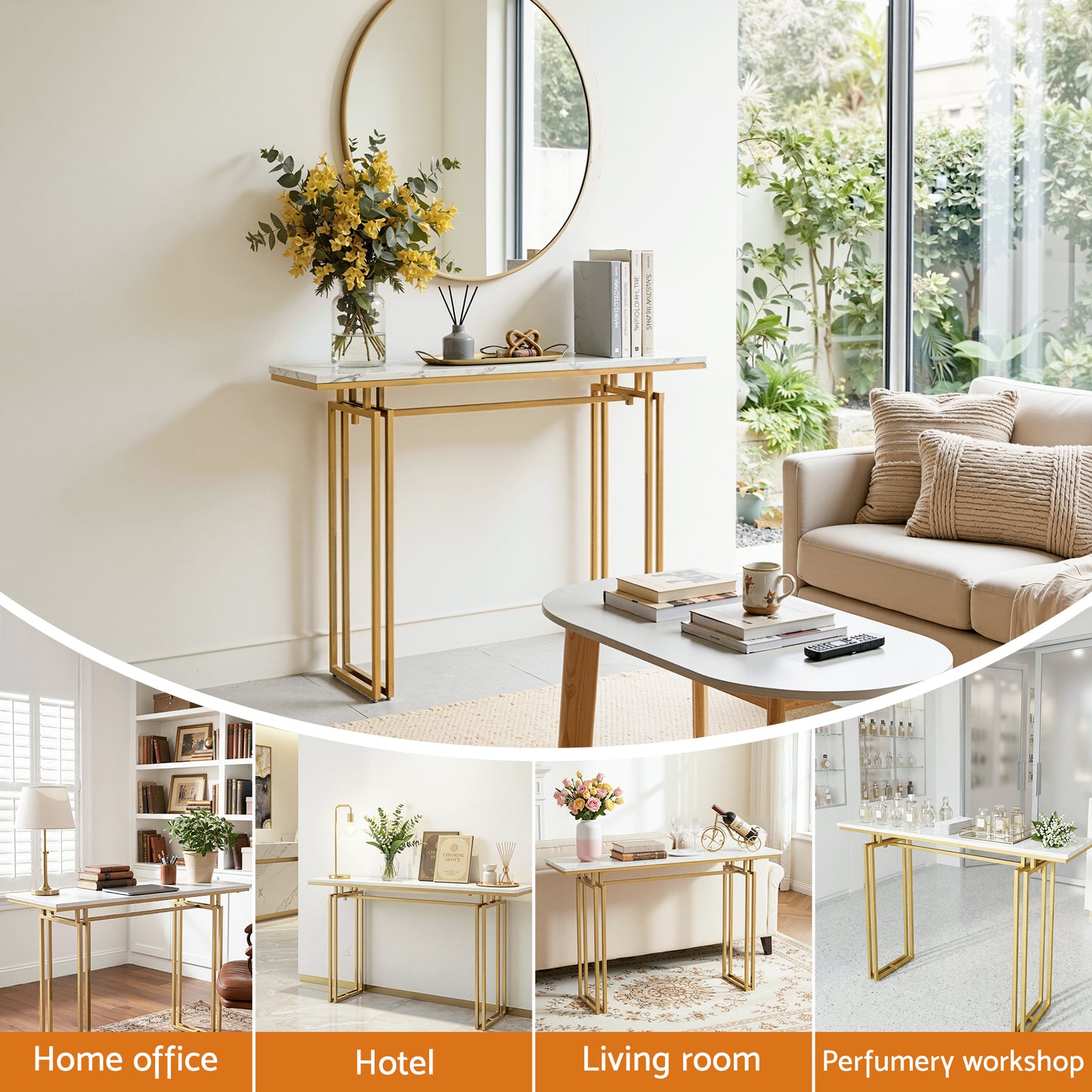 Console Table Hallway Entryway Table Marble Effect 110CM - White & Gold