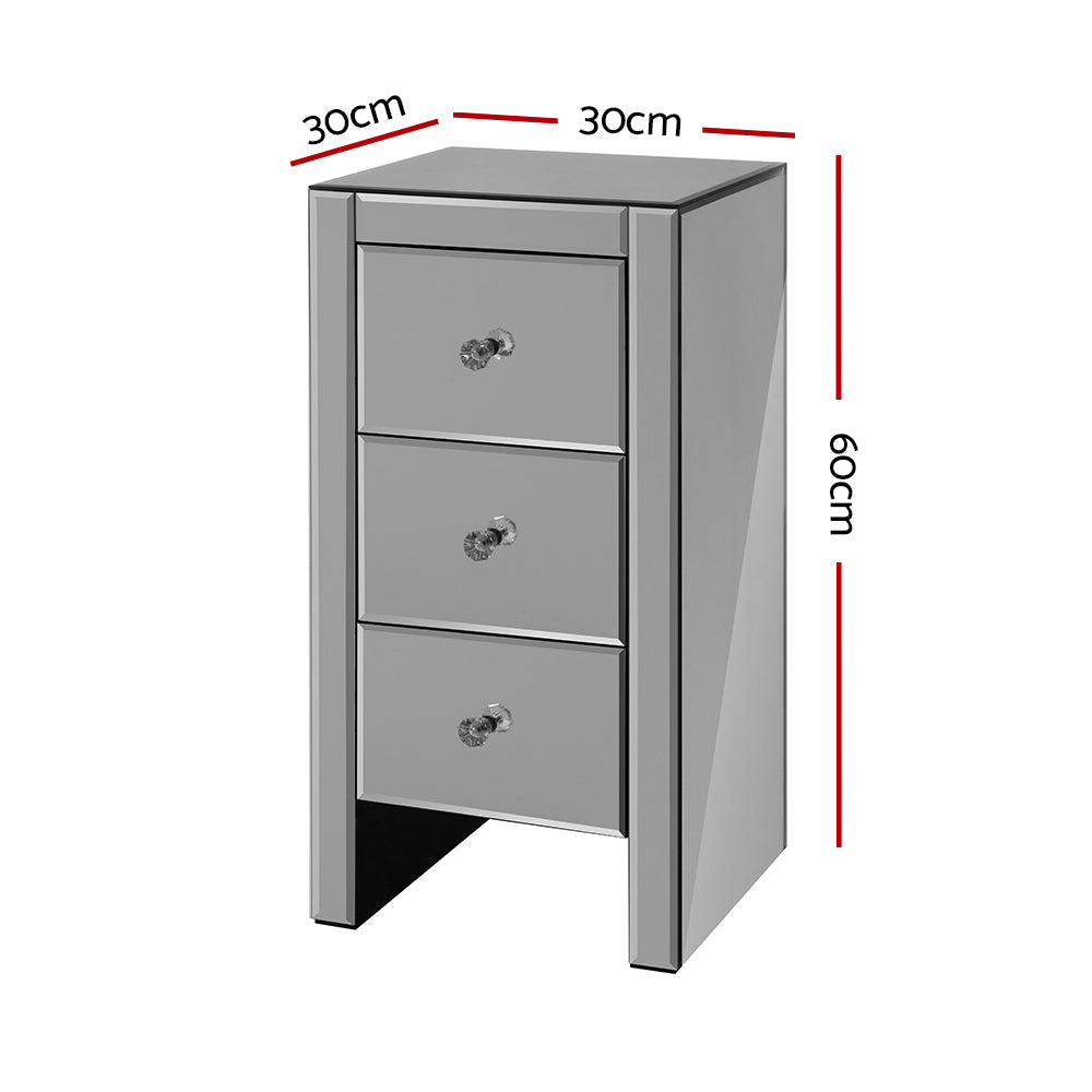 Rouyn Mirrored Bedside Tables Mirrored Glass with 3 Drawers - Grey