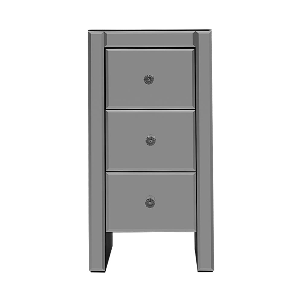 Rouyn Mirrored Bedside Tables Mirrored Glass with 3 Drawers - Grey