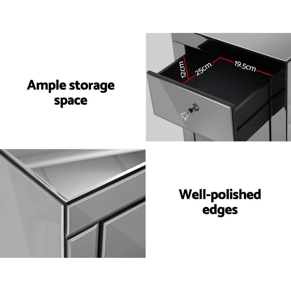 Rouyn Mirrored Bedside Tables Mirrored Glass with 3 Drawers - Grey