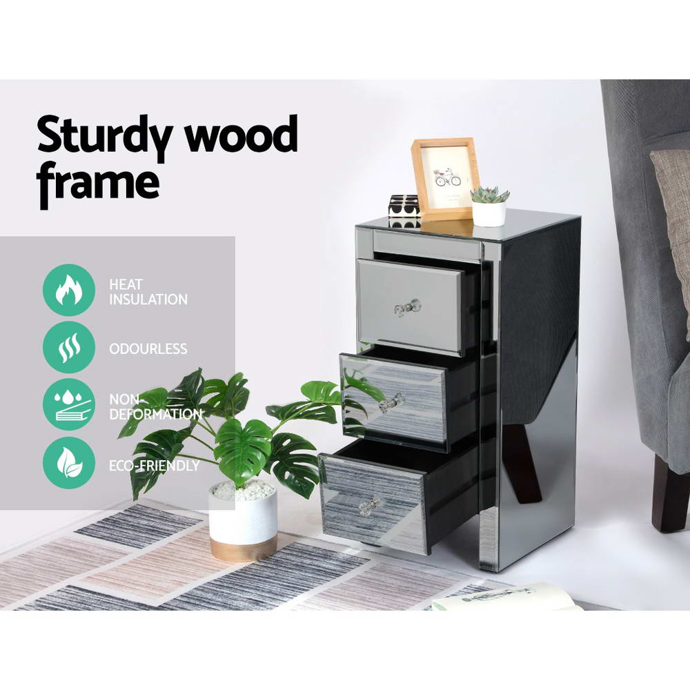 Rouyn Mirrored Bedside Tables Mirrored Glass with 3 Drawers - Grey