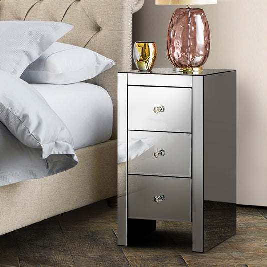 Rouyn Mirrored Bedside Tables Mirrored Glass with 3 Drawers - Grey