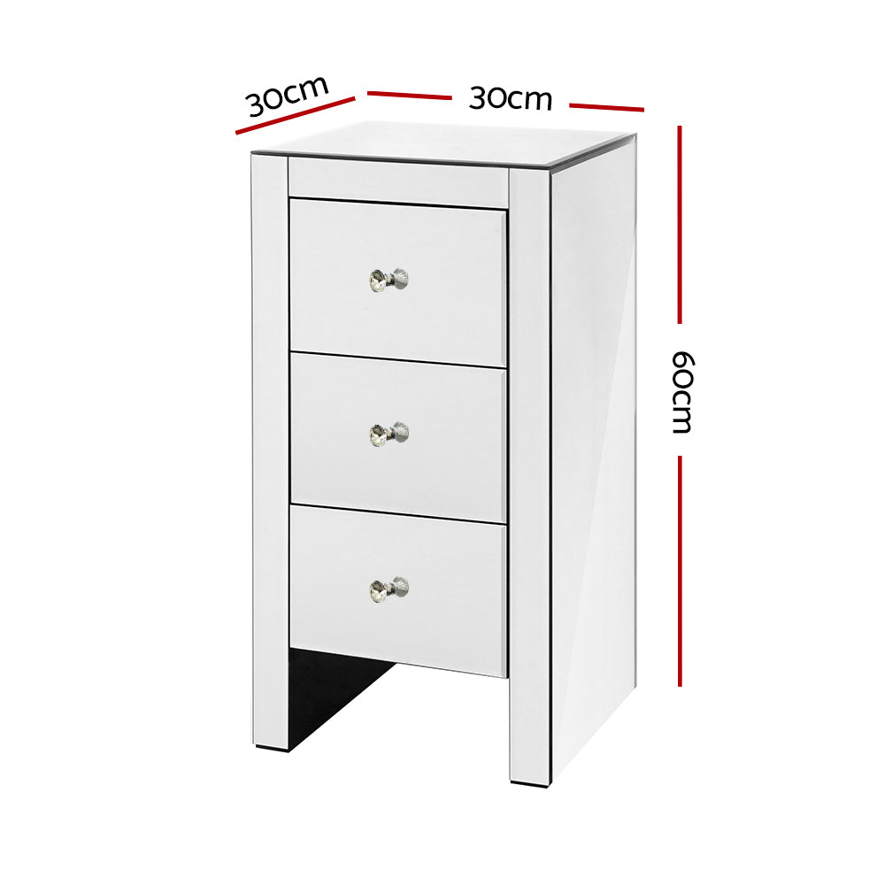 Rouyn Mirrored Bedside Tables Mirrored Furniture Mirror Glass with 3 Drawers - Silver