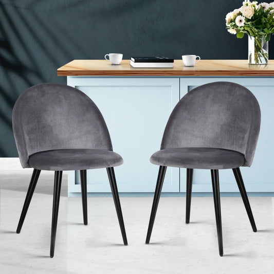 Perry Set of 2 Dining Chairs Velvet Solid Curved - Dark Grey