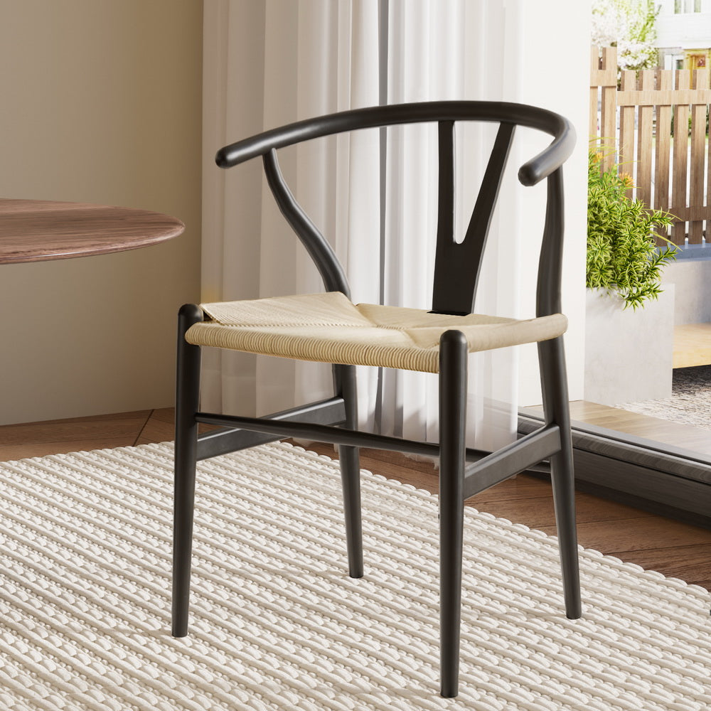 Maud Dining Chair Wooden Rattan Wishbone - Black
