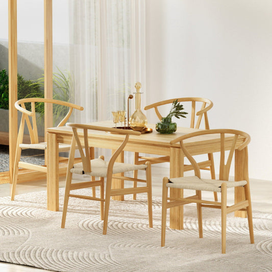 Maud Set of 4 Dining Chair Wooden Rattan Wishbone - Natural