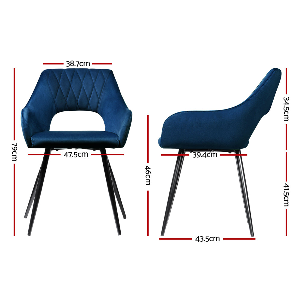 Piper Set of 2 Dining Chairs Velvet Hollow Armchair - Blue