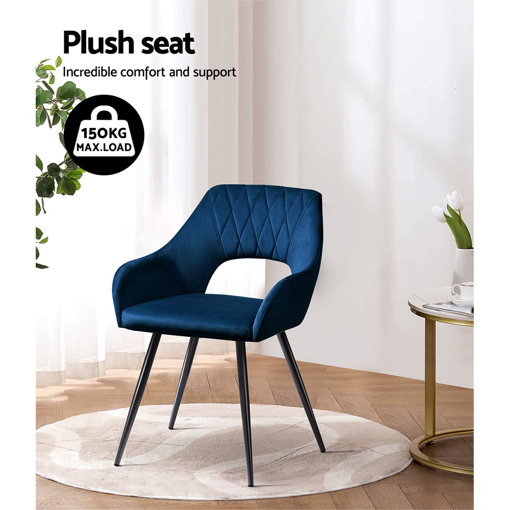 Piper Set of 2 Dining Chairs Velvet Hollow Armchair - Blue