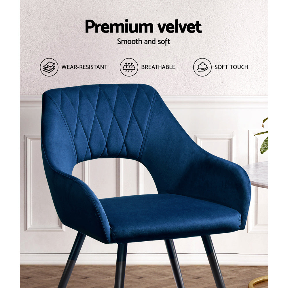 Piper Set of 2 Dining Chairs Velvet Hollow Armchair - Blue
