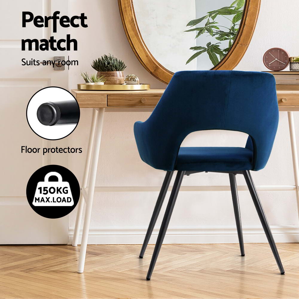 Piper Set of 4 Dining Chairs Velvet Hollow Armchair - Blue