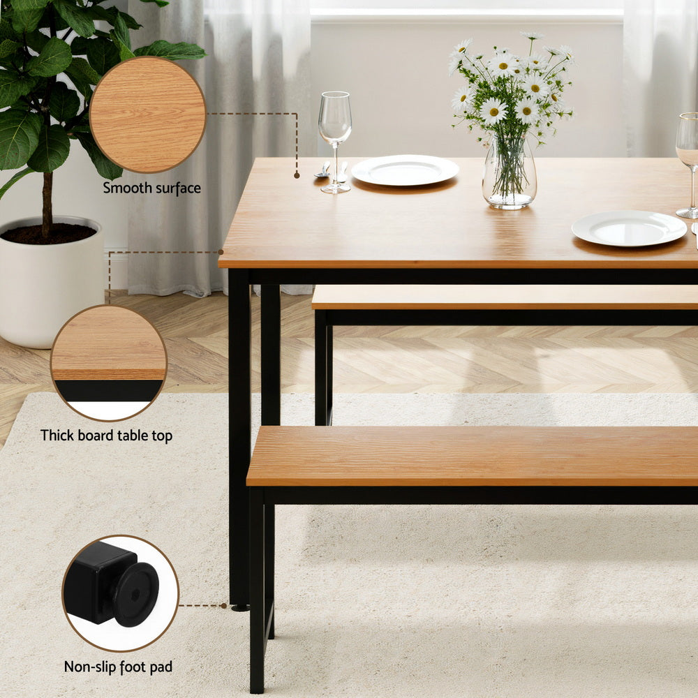 3-Piece Ennio Natural Oak Dining Table & Chair Set Kitchen Metal Desk Bench