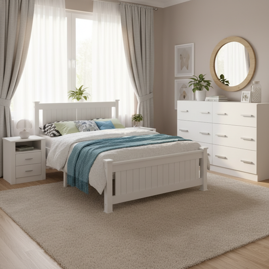 Norwich Double Bedroom Suite 5 Piece 1x Double Mattress, 1x Double Wooden Bed Frame, 2x White Bedside Tables and 1x White Tallboy