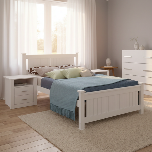 Norwich Queen Bedroom Suite 5 Piece 1x Queen Mattress, 1x Queen Wooden Bed Frame, 2x White Bedside Tables and 1x White Tallboy