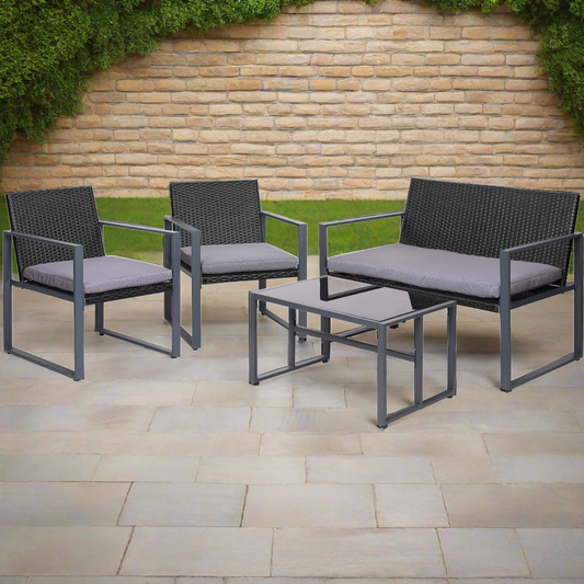 Ronald 4-Seater Rattan Furniture Chairs 4-Piece Outdoor Sofa Set with Storage Cover - Black