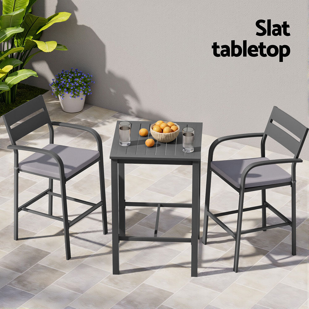 Arlise 2-Seater Outdoor Bar Set Stools Dining Chairs Table Patio Aluminium Bistro Set 3-Piece - Black