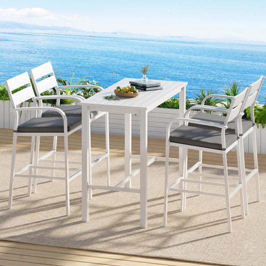 Julian 4-Seater Dining Chairs Table Patio Aluminium Bistro Set 5-Piece Outdoor Bar Set - White