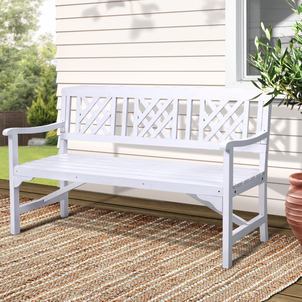 Solene Wooden Garden Bench 3 Seat Patio Furniture Timber Outdoor Lounge Chair - White