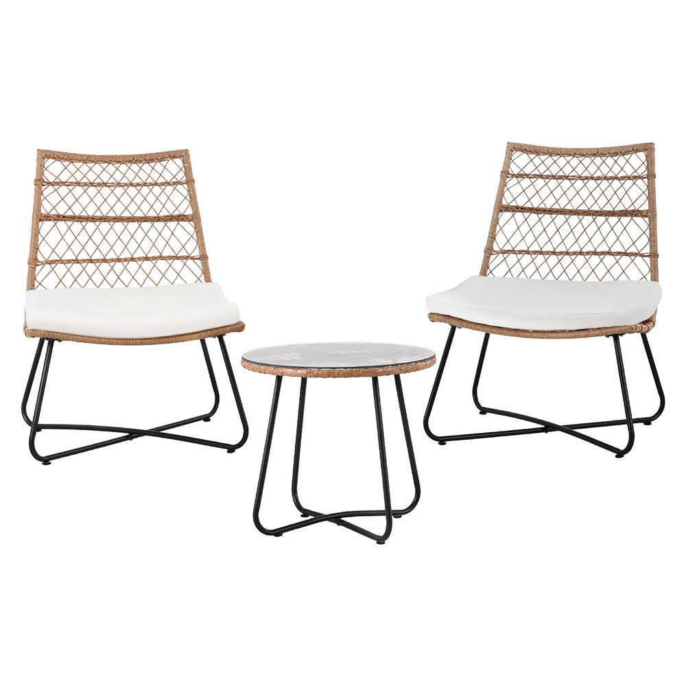 Ohrid 3-Piece Outdoor Setting Wicker Bistro Set Table Chairs Patio Furniture - Brown