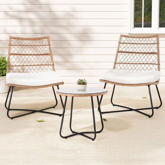 Ohrid 3-Piece Outdoor Setting Wicker Bistro Set Table Chairs Patio Furniture - Brown