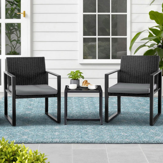 Bellamy 3-Piece Outdoor Bistro Set Patio Furniture Wicker Dining Chairs Table Cushion - Black