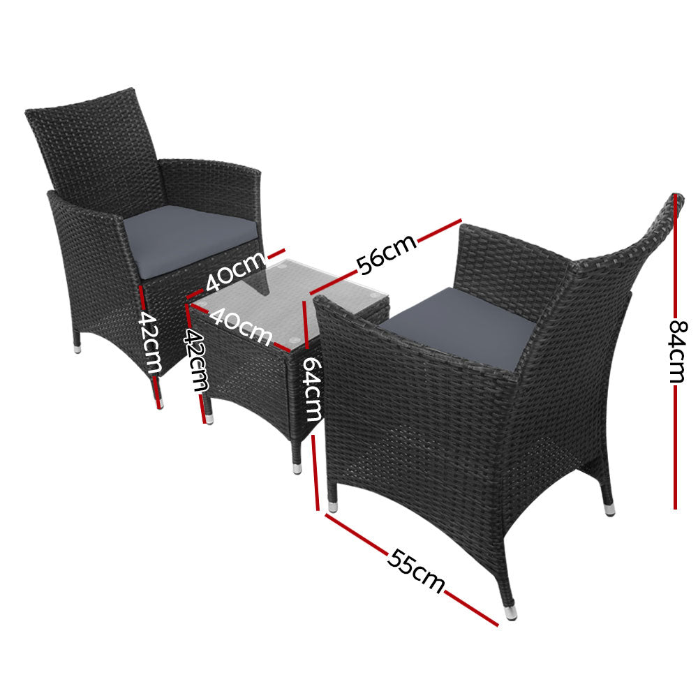 Noah 2-Seater Wicker Furniture 3-Piece Outdoor Setting - Black