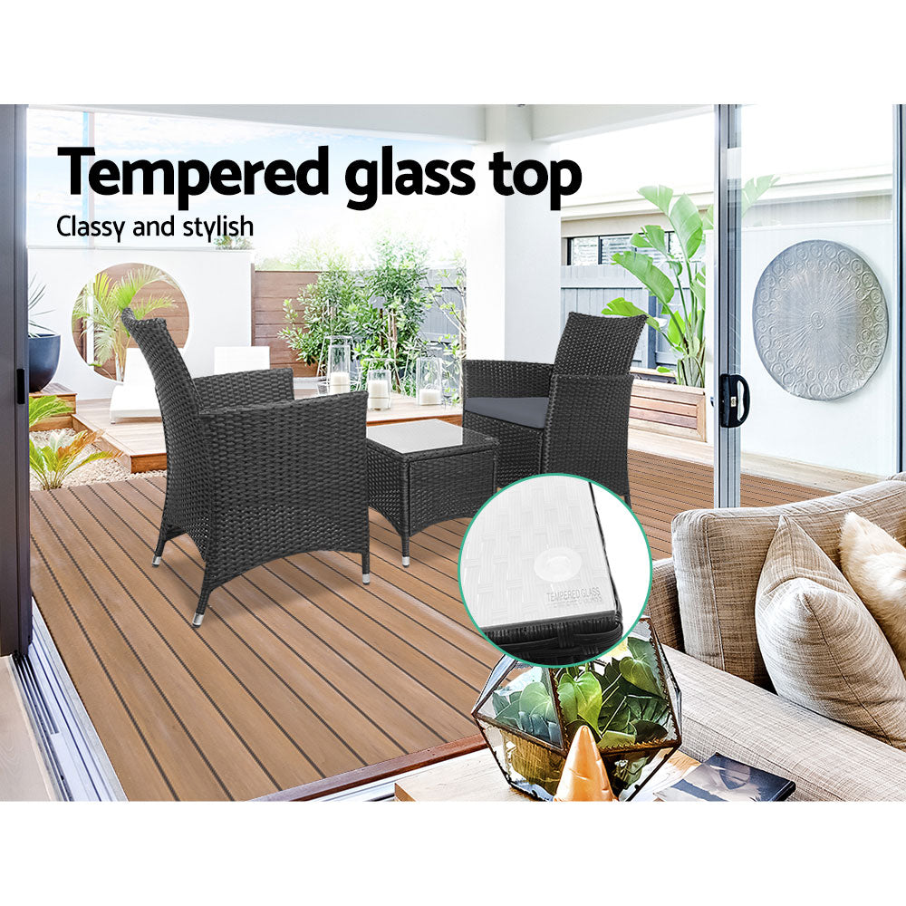 Noah 2-Seater Wicker Furniture 3-Piece Outdoor Setting - Black