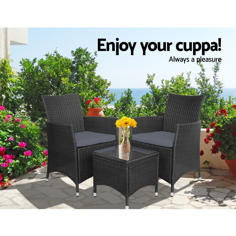 Noah 2-Seater Wicker Furniture 3-Piece Outdoor Setting - Black