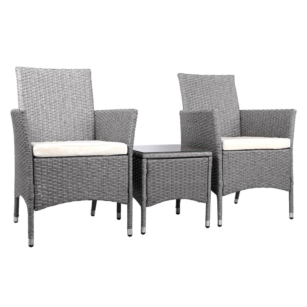 Noah 2-Seater Chair Side Table Furniture 3-Piece Wicker Outdoor - Grey