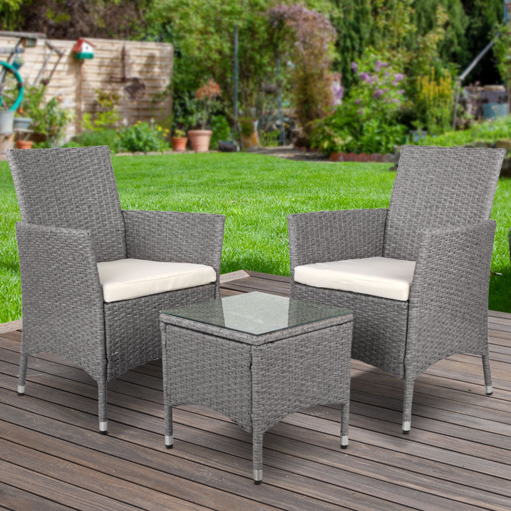 Noah 2-Seater Chair Side Table Furniture 3-Piece Wicker Outdoor - Grey