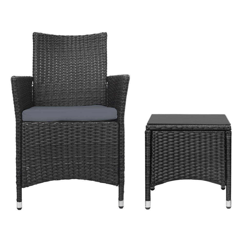 Noah 2-Seater Wicker Furniture 3-Piece Outdoor Setting with Black Tempered Glass - Black