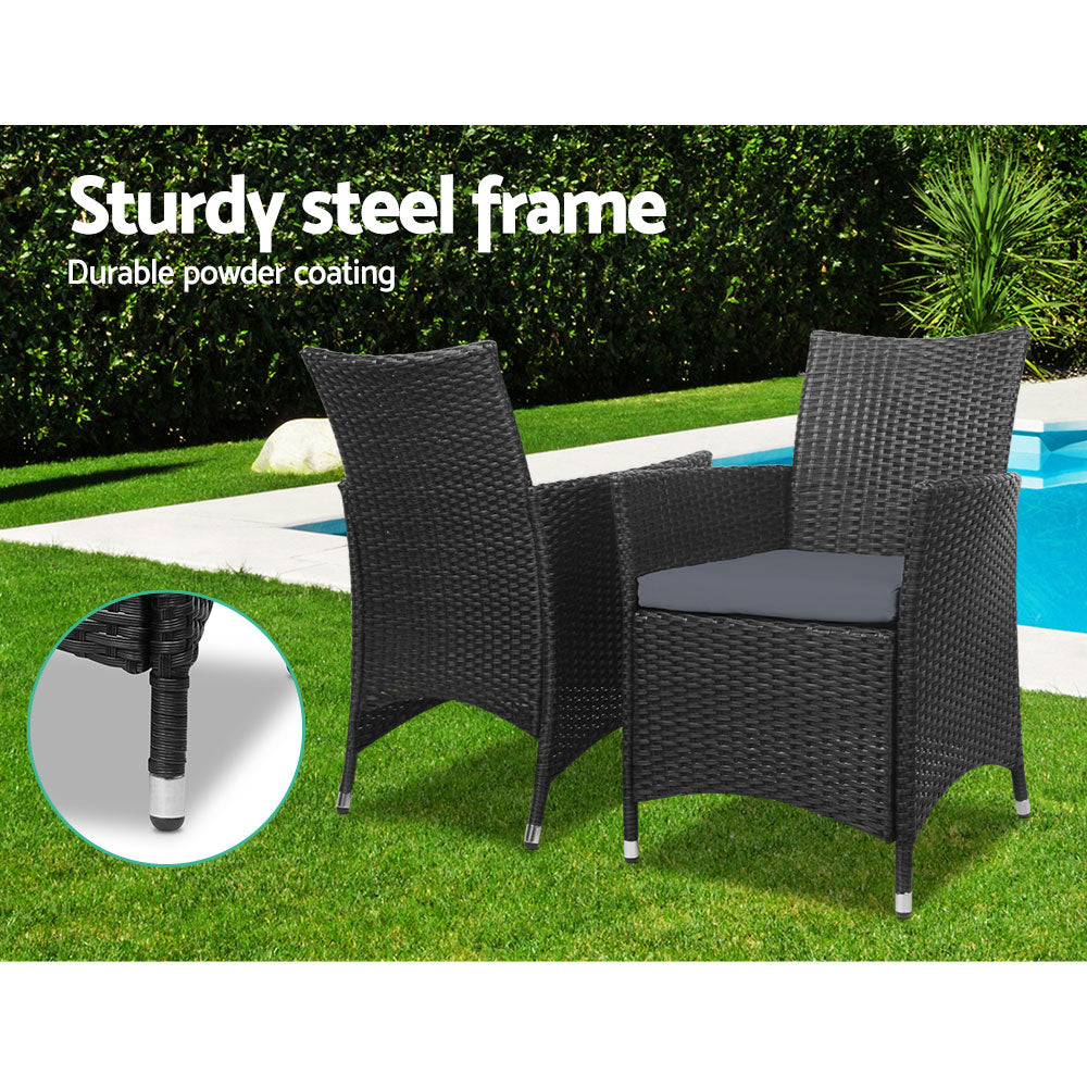 Noah 2-Seater Wicker Furniture 3-Piece Outdoor Setting with Black Tempered Glass - Black