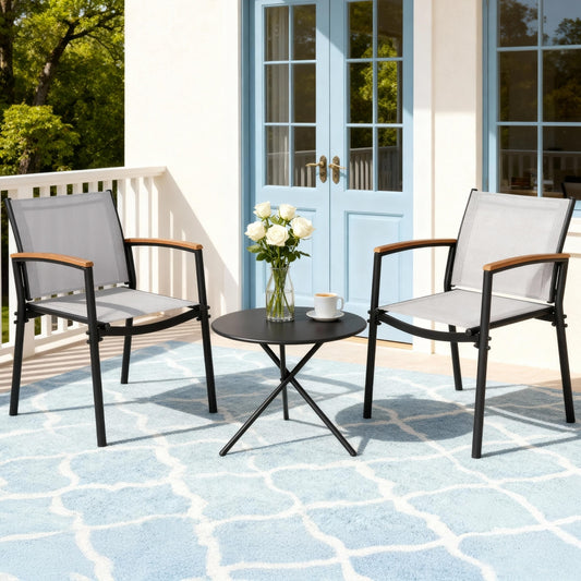 Nayeli 3-Piece Outdoor Bistro Set Table and Chairs Steel Dining Chair Patio Furniture Textilene - Grey