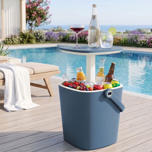2-in-1 Outdoor Bar Table Portable Ice Bucket Cooler 15L Tong Blue