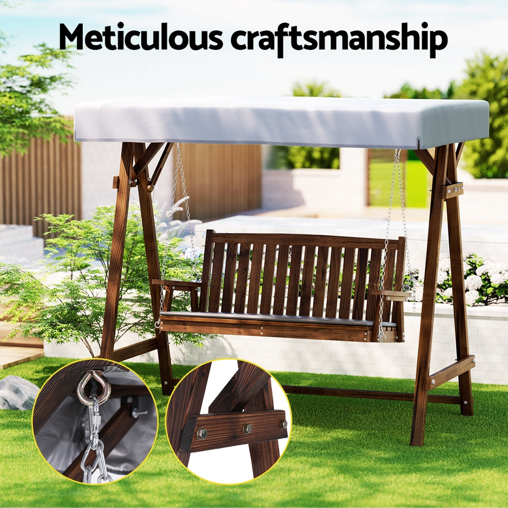 Fince 3 Seater Wooden Swing Chair Garden Bench Canopy - Charcoal