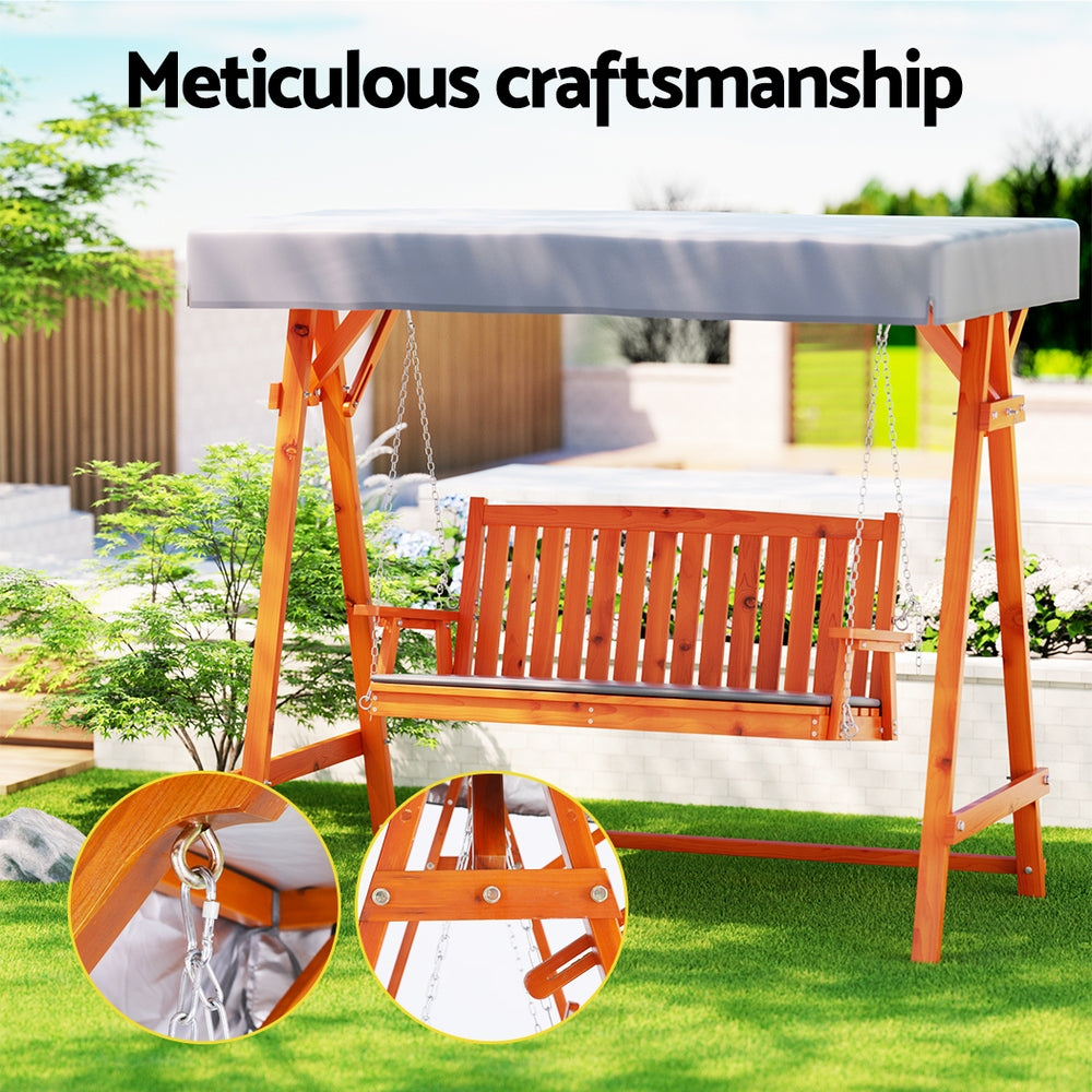 Fince Outdoor Wooden Swing Chair Garden Bench Canopy Cushion 3 Seater - Teak
