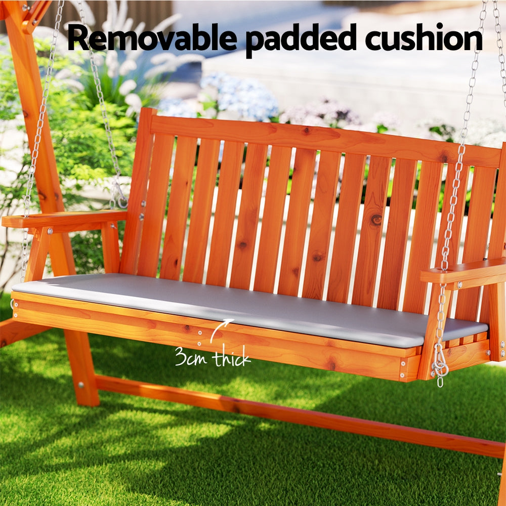 Fince Outdoor Wooden Swing Chair Garden Bench Canopy Cushion 3 Seater - Teak