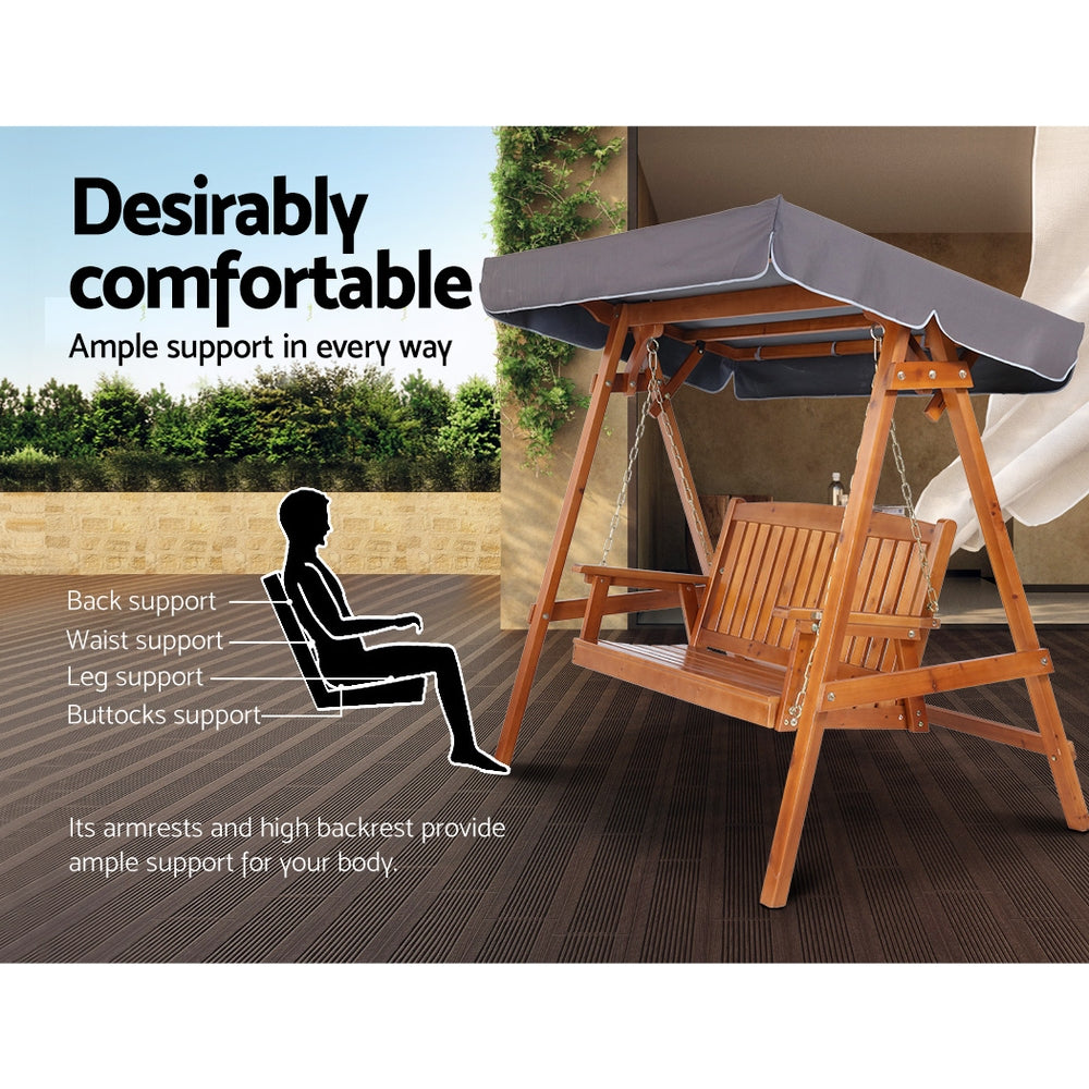 Fince Outdoor Wooden Swing Chair Garden Bench Canopy Cushion 3 Seater - Teak