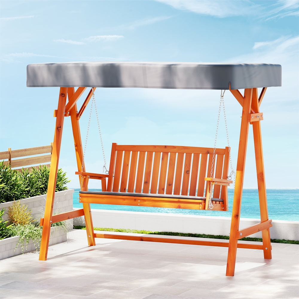 Fince Outdoor Wooden Swing Chair Garden Bench Canopy Cushion 3 Seater - Teak