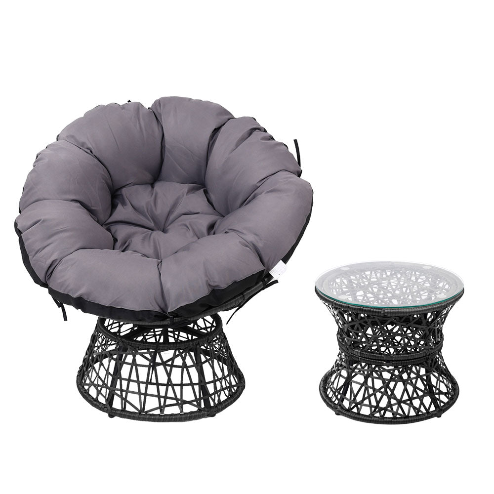 Jesse Outdoor Papasan Chair and Table Set Lounge Setting Patio Furniture Wicker - Black