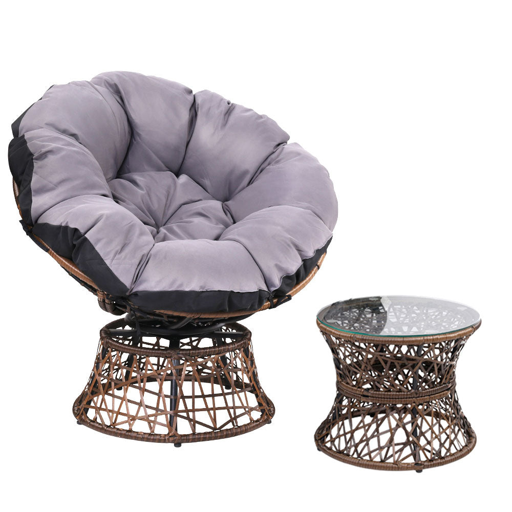 Outdoor Lounge Setting Papasan Chair Wicker Table Garden Furniture - Brown