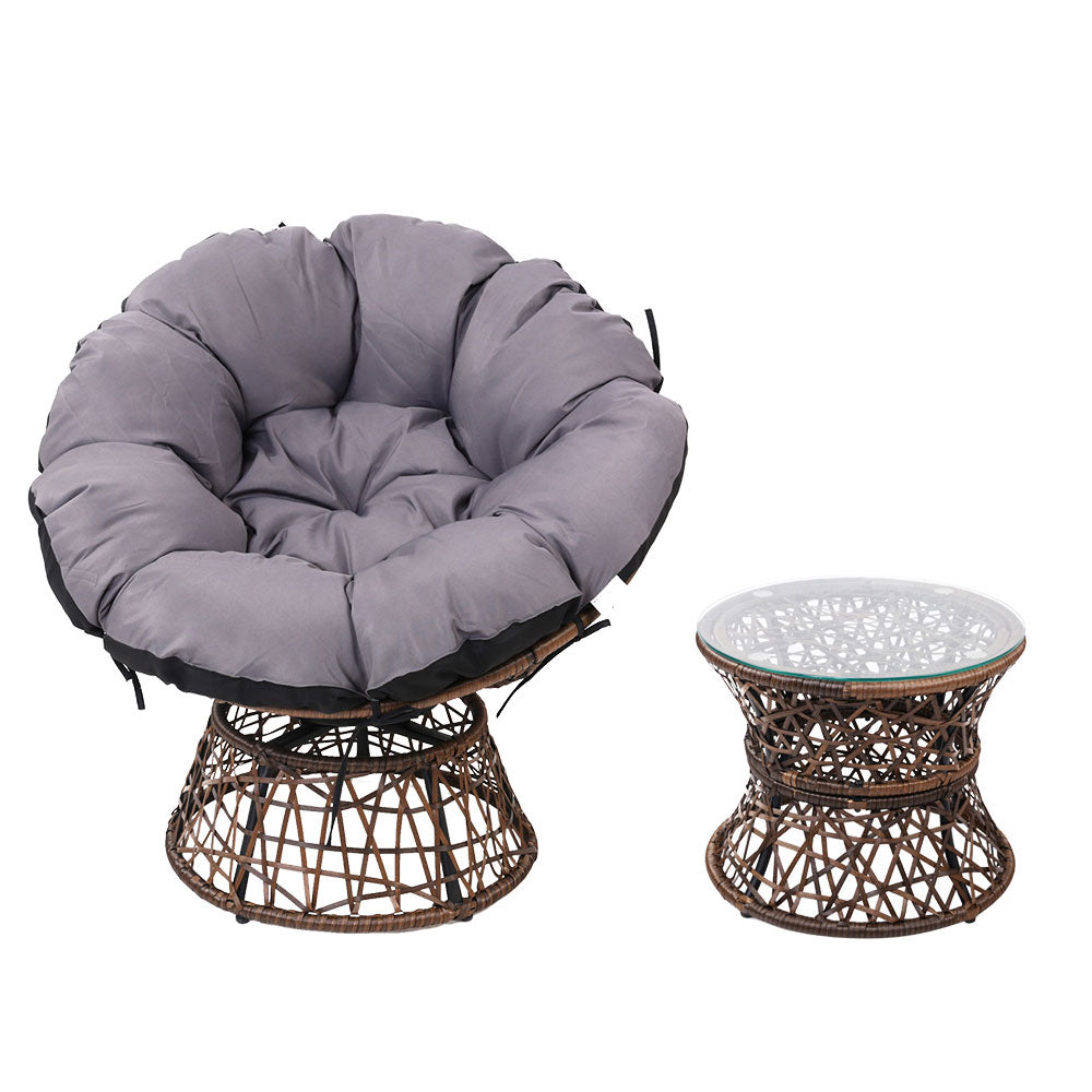 Outdoor Lounge Setting Papasan Chair Wicker Table Garden Furniture - Brown