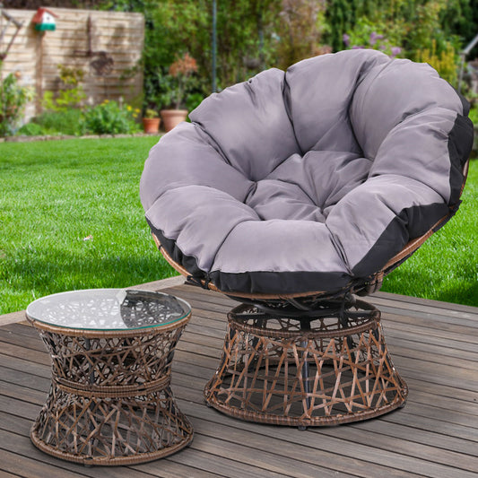 Outdoor Lounge Setting Papasan Chair Wicker Table Garden Furniture - Brown