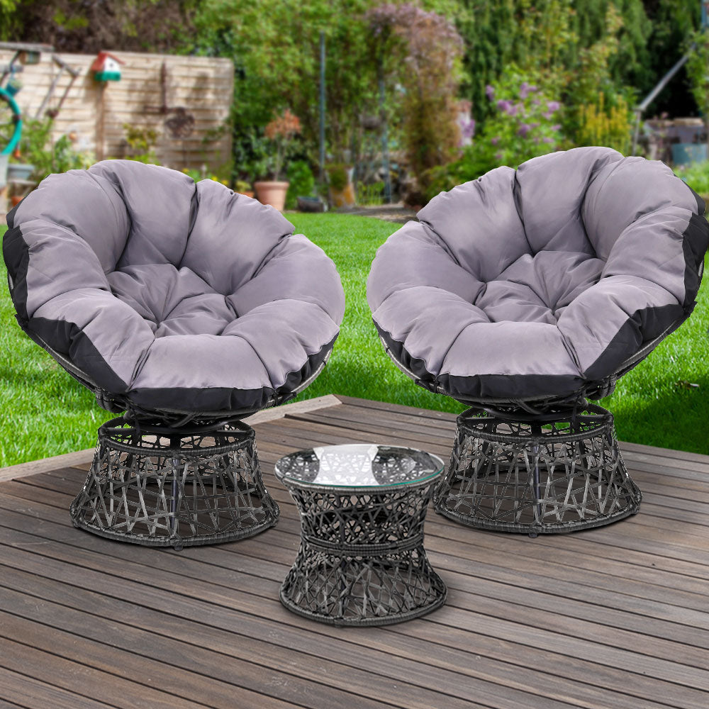 Marl 3-Piece Outdoor Papasan Chair and Table Bistro Set Lounge Setting Patio Furniture Wicker - Black