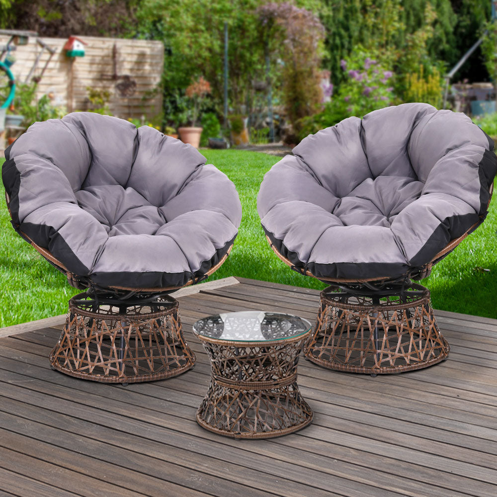 Marl 3-Piece Outdoor Papasan Chair and Table Bistro Set Lounge Setting Patio Furniture Wicker - Brown